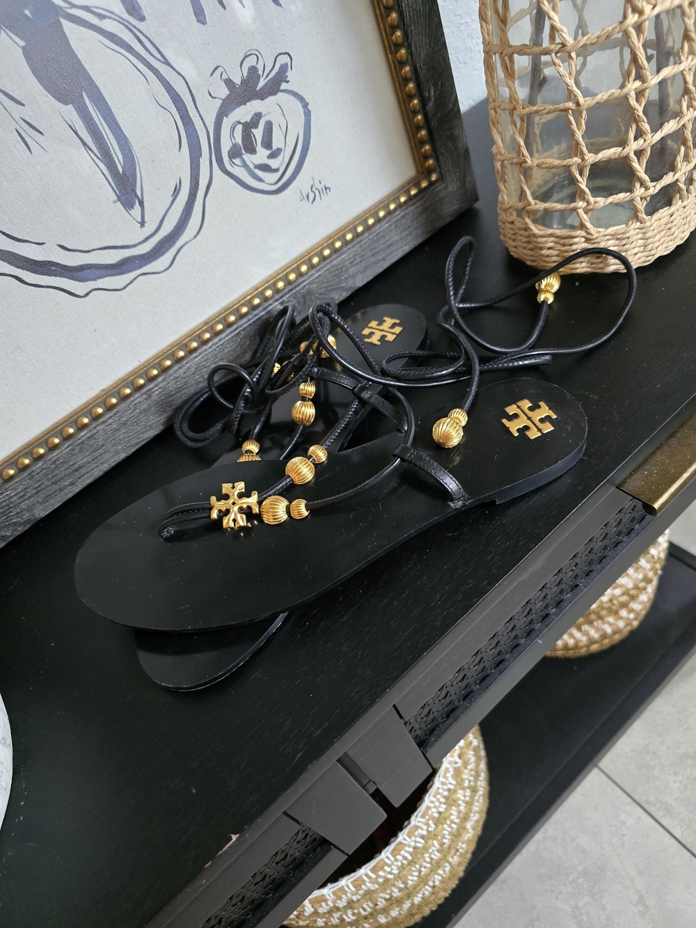 Tory Burch Women’s Capri Flat Lace Up Sandals Gold And Black 10